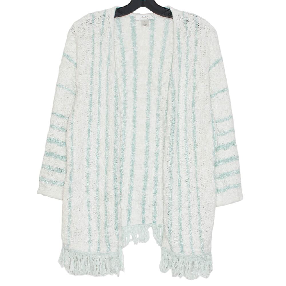 White Blue Striped Cardigan Open Front Boho Beachy Coastal Fringe Plus Size 0X